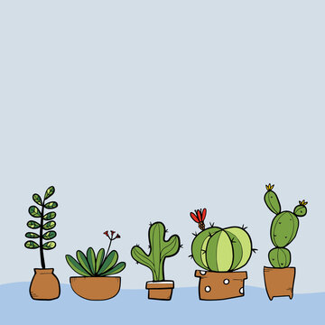 Hand drawn of succulent and cactus in pots on blue background