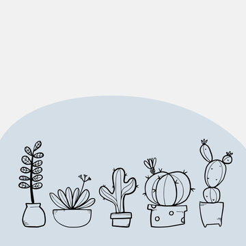 Hand drawn black line of succulent and cactus in pots on blue background