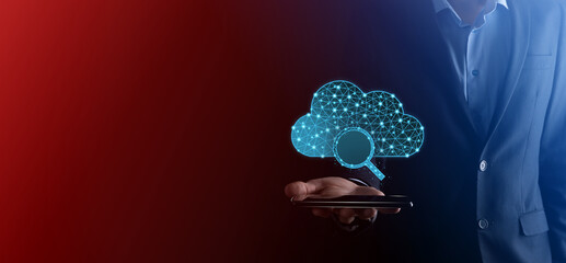Cloud technology. Polygonal wireframe cloud storage sign with search magnifier icon on dark blue....