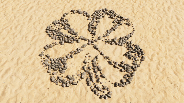 Concept conceptual stones on beach sand handmade symbol shape, golden sandy background, four-leafed clover sign. 3d illustration metaphor for good luck, faith, hope, tradition, nature growth, spring