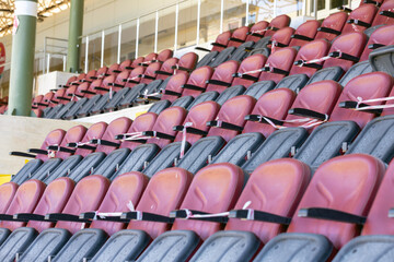 Empty stadium seats, because of covid pandemic lockdown.