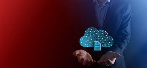 Cloud technology. Polygonal wireframe cloud storage sign with document icon on dark blue. Cloud...