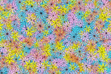 Background illustration of layers of stylized transparent flowers in pink, purple, blue and yellow