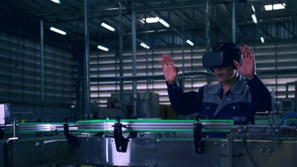 Engineer is using virtual reality glasses to inspect the factory's mechanical control system. - Powered by Adobe