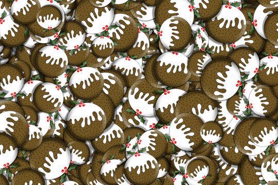 Background illustration of layers of iced Christmas puddings decorated with holly and berries