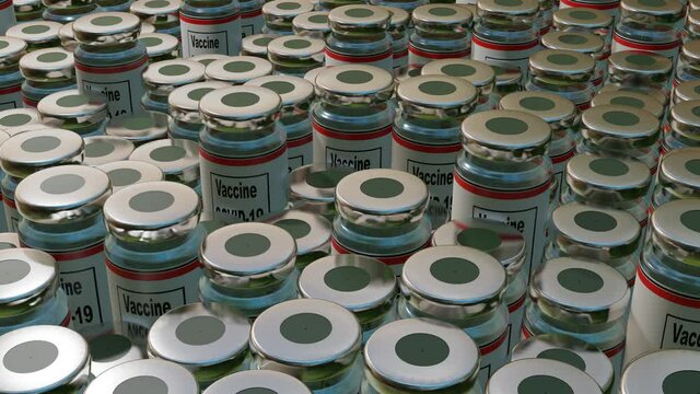 background of moving rows of coranavirus vaccine jars. COVID-19 epidemic and vaccination concept. 3d render. looped animation