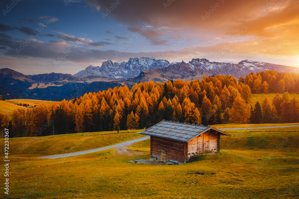 Wall mural farmhouse on the slopes of the compaccio village. dolomite alps, alpe di siusi, south tyrol, italy, 