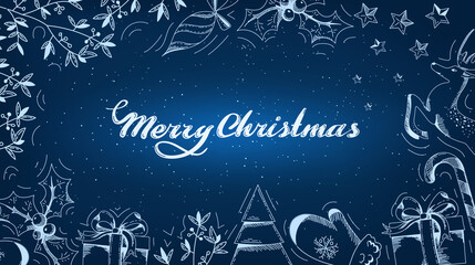banner or postcard with set of hand-drawn Christmas illustrations in line and inscription Merry Christmas. Cozy greeting card for new year with glow