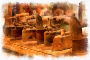 An antique iron iron heated by charcoal. watercolor style illustration impressionist painting.