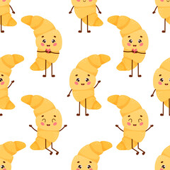 Seamless pattern of cute croissant. Baked print with different emotions of croissant. Flat vector.