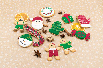 Gingerbread cookies on brown background