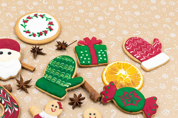 Gingerbread cookies on brown background