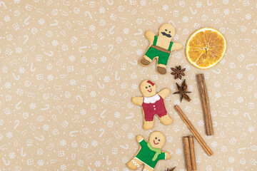 Gingerbread cookies on brown background