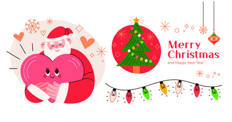 Santa and Christmas elements collection. Christmas concept vector illustration in cute flat style.