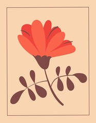 Retro floral postcard for March 8 and date, red flower greeting card
