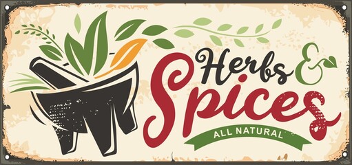 Herbs and spices retro store sign with various aromatic plants. Vintage poster with mortar and pestle graphic.  - obrazy, fototapety, plakaty