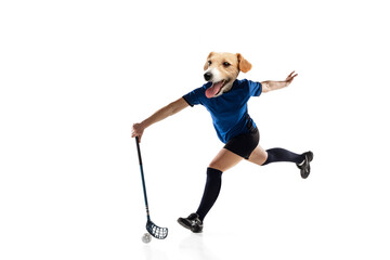 Fototapeta na wymiar One young sportive woman, floorball player headed by dog's head in action and motion. Surrealism