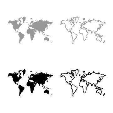 Map world set icon grey black color vector illustration image flat style solid fill outline contour line thin