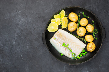 Fish cod potatoes before baking. Ingredients for fish cakes with potatoes. Classic home cooking.
