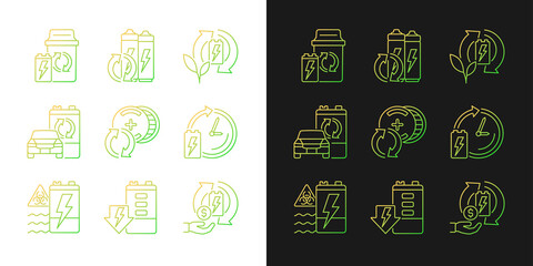 Battery processing gradient icons set for dark and light mode. Accumulators reuse and recycling. Thin line contour symbols bundle. Isolated vector outline illustrations collection on black and white