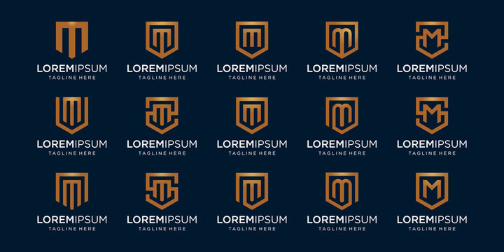 set of letter M monogram and shield sign combination. Line art logo design. Symbolizes reliability, safety, power, security. luxury logotype.
