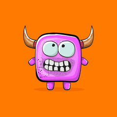 Vector cartoon funny pink monster with horn isolated on orange background. Smiling silly pink monster print sticker design template. Ghost, troll, gremlin, goblin, devil and monster