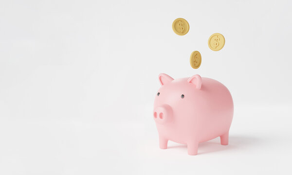 Golden coins falling into a pink piggy bank isolated on background. Finance, storage money, Business investment. saving money concept,