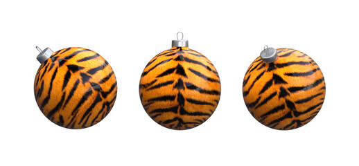 Christmas balls with a pattern of a tiger. 3d illustration