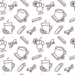 Seamless vector pattern with Winter drinks. Tea, cocoa with marshmallows, winter warming drinks. For fabric, paper, wrap, textile, poster, scrapbooking, wallpaper or background, for web site or mobile