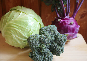 Three grades of cabbage: broccoli; kohlrabi; white cabbage