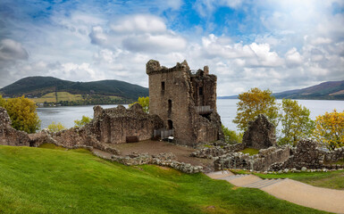 Fototapeta na wymiar The ruins of the Urquhart Castle at Loch Ness during autumn time, Scotland, without people
