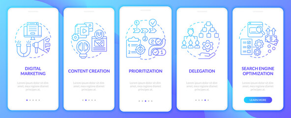 Entrepreneurial skills onboarding mobile app page screen. Delegation and SEO walkthrough 5 steps graphic instructions with concepts. UI, UX, GUI vector template with linear color illustrations