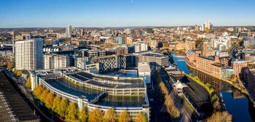 Aerial panorama view of The Leeds Dock area and city centre skyline
