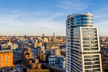 Aerial view of Leeds city skyline in Yorkshire, UK