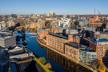 Aerial view of apartment buildings in the Leeds Dock area of the city