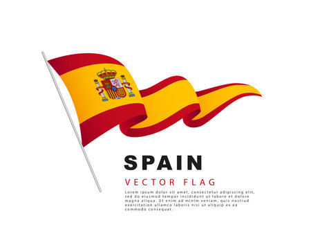 The flag of Spain hangs from a flagpole and flutters in the wind. Vector illustration isolated on white background.
