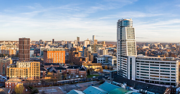 Aerial view of Leeds city skyline