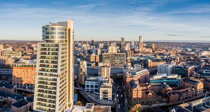 Aerial panorama view of Leeds city skyline with modern apartment buildings