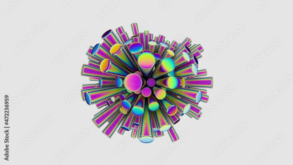 Poster abstract spherical composition consisting of retractable holographic cylinders rotating counterclock
