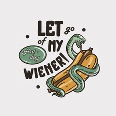 Hot dog with snake and sausage for print. Original food design with hotdog with serpent and wiener for american fastfood and bistro