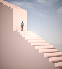 Man on stairs looks up.