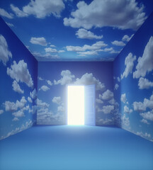 Opened door in a blue room with clouds on walls.