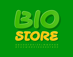 Vector bright Sign Bio Store. Handwritten Green Font. Modern Alphabet Letters and Numbers