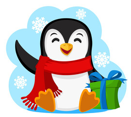 Penguin in a scarf sits with a gift on a white background. Christmas character