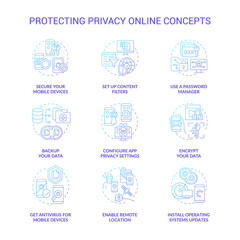 Protecting privacy online concept icons set. Personal data safety online idea thin line color illustrations. Tips to save information from hackers. Vector isolated outline drawings
