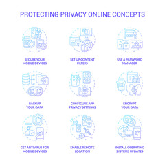 Protecting privacy online concept icons set. Personal data safety online idea thin line color illustrations. Tips to save information from hackers. Vector isolated outline drawings