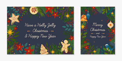 Christmas and Happy New Year decorative greeting banners.Festive vector layouts with hand drawn traditional winter holiday symbols.Xmas trendy designs for banners,invitations,prints,social media