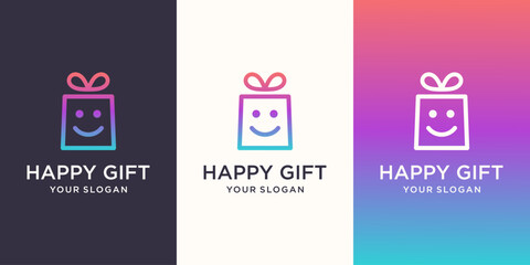 gift and face smile logo combination. Unique surprise and logotype design template