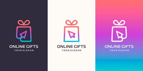 gift and cursor arrow logo combination. Unique surprise and logotype design template