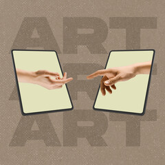 Contemporary art collage of two hands sticking out tablet screen reaching out towards each other isolated over brown background